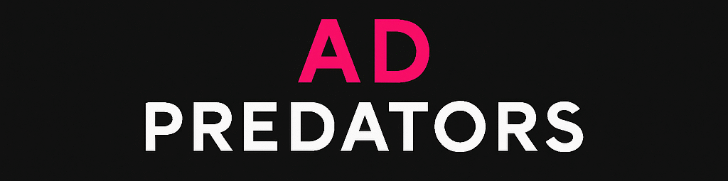 Minimalist logo for “Ad Predators” featuring a bold pink fang inside a circle above the agency name in pink and white text on a black background.